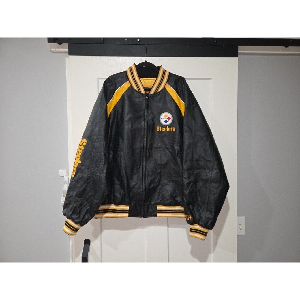 Clean Pittsburgh Steelers NFL 100% Leather Full-Zip Bomber Jacket Logo 3XL